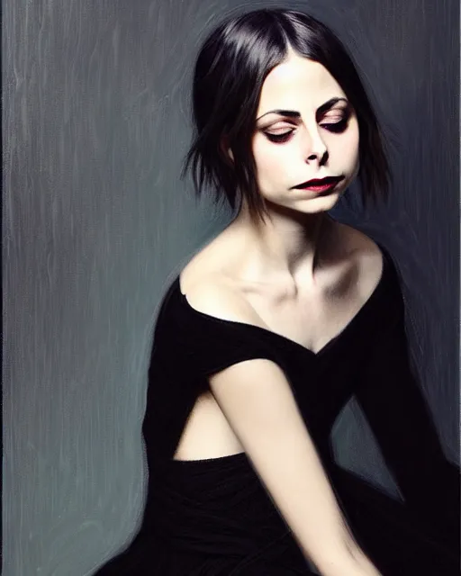 Prompt: style of jeremy lipking : : gorgeous willa holland : : evil witch, swirling black magic, black dress : : symmetrical face, symmetrical eyes : : full body pose : : gorgeous black hair : : magic lighting, low spacial lighting : :