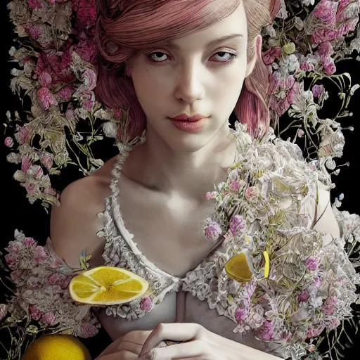 Image similar to the portrait of an absurdly beautiful, graceful, elegant, sophisticated, young girl made up of lemons, an ultrafine hyperdetailed illustration by kim jung gi, irakli nadar, intricate linework, bright colors, octopath traveler, final fantasy, unreal engine 5 highly rendered, global illumination, radiant light, detailed and intricate environment