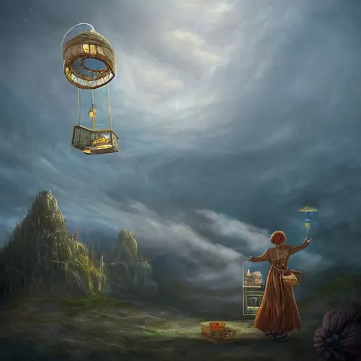 Image similar to a woman locks up her magical shop in the clouds, as an airship awaits in the distance to carry her home for the weekend