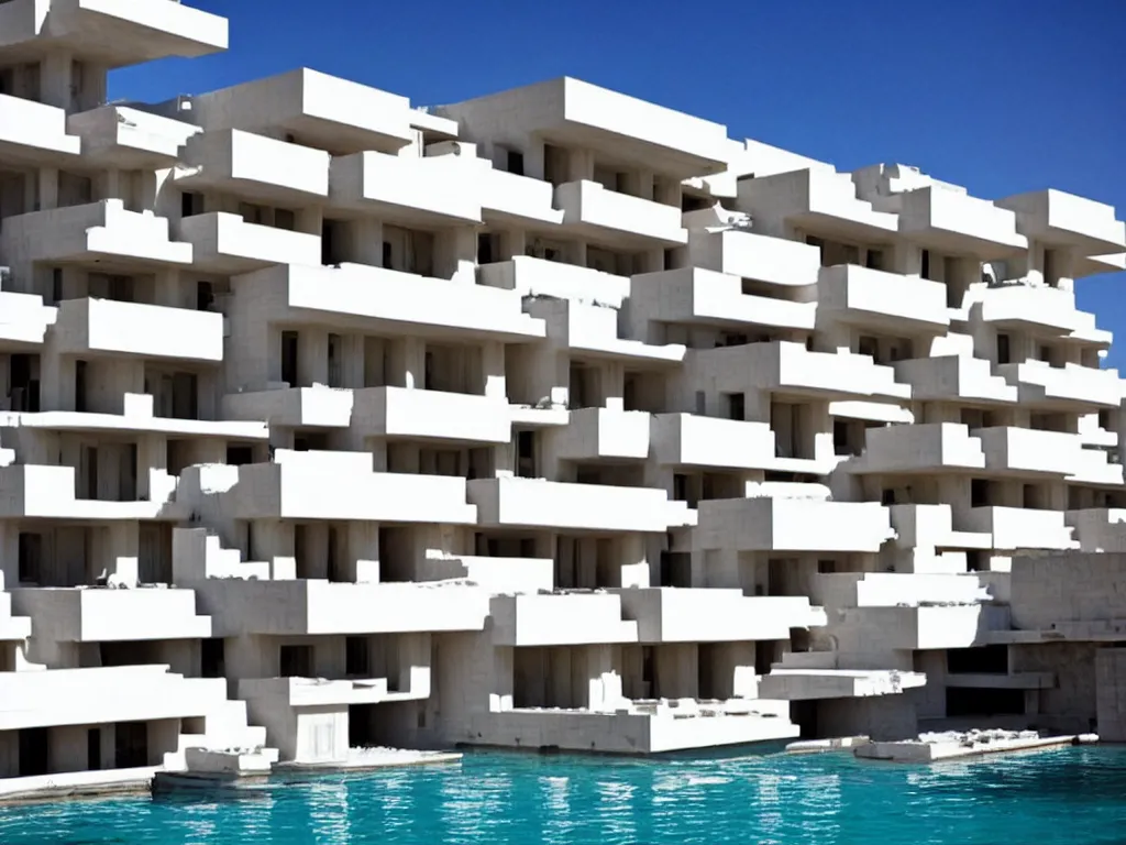 Image similar to habitat 6 7, white lego terraced architecture hotel in the dessert, many plants and infinite pool