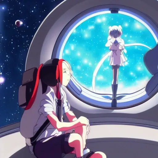 Prompt: a beautiful anime gamer girl sitting in space, studio ghibli, detailed,