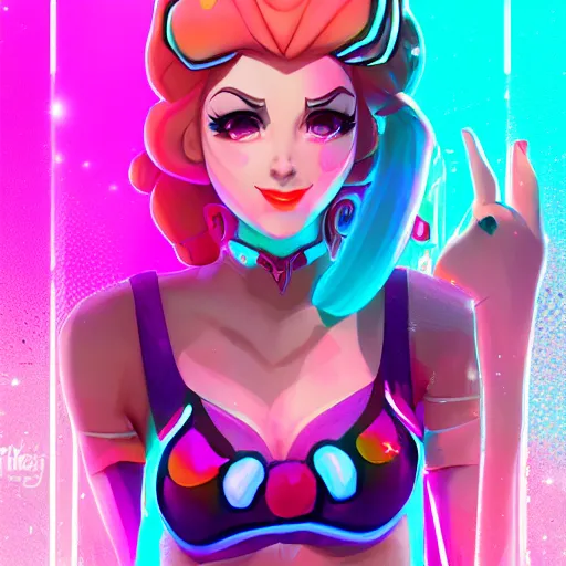 Prompt: Princess peach mixed with jinx from league of legends with neon lighting, trending on artstation, by WLOP and Joe Benitez