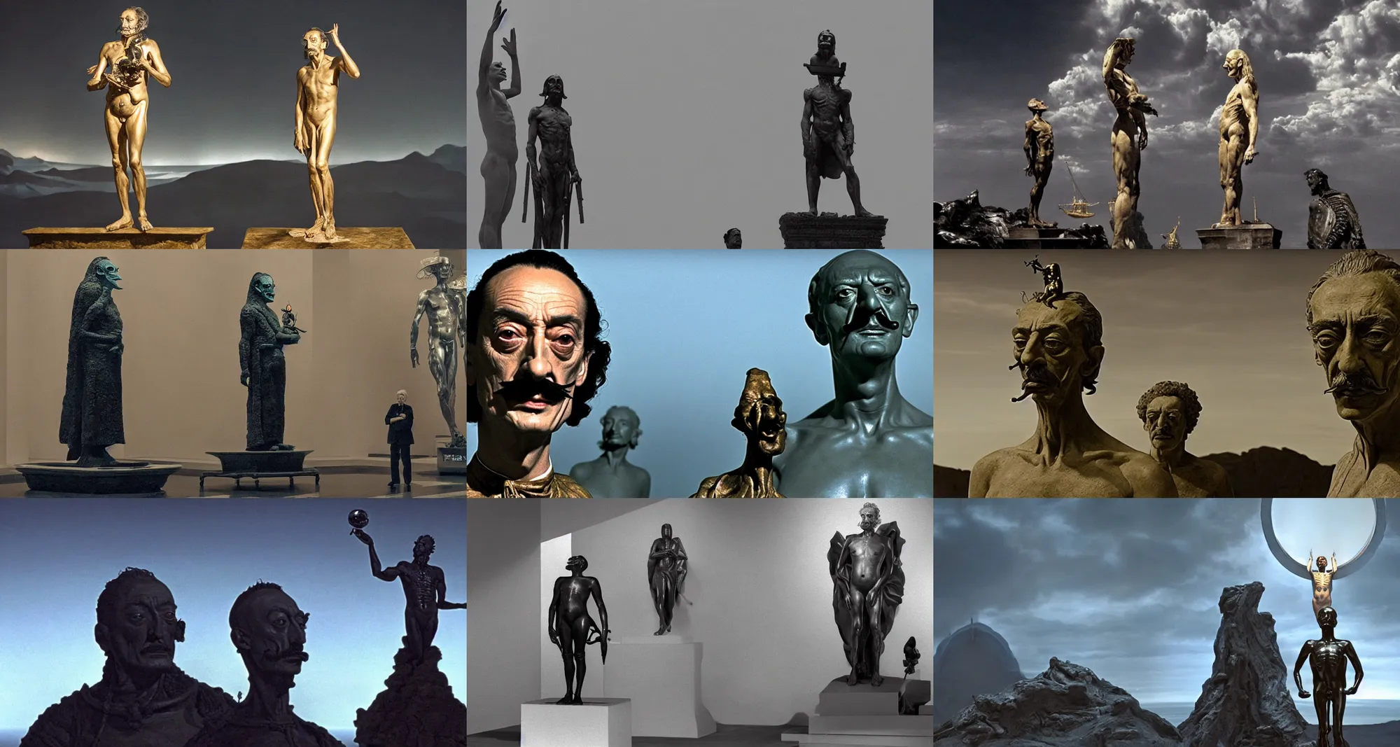 Prompt: the full body shot of salvador dali in the role of emperor of universe who looking at the statue of pepe | still frame from the prometheus movie by ridley scott with cinematogrophy of christopher doyle and art direction by hans giger, anamorphic bokeh and lens flares, 8 k, higly detailed masterpiece