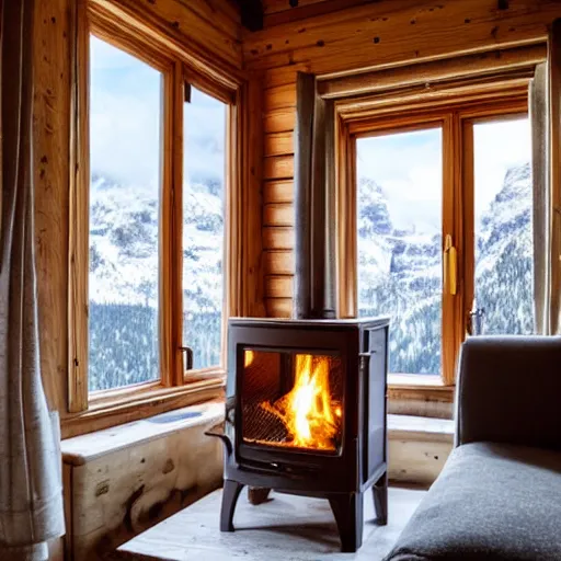 Prompt: cozy fireplace in a cabin on the dolomites, wood, open window