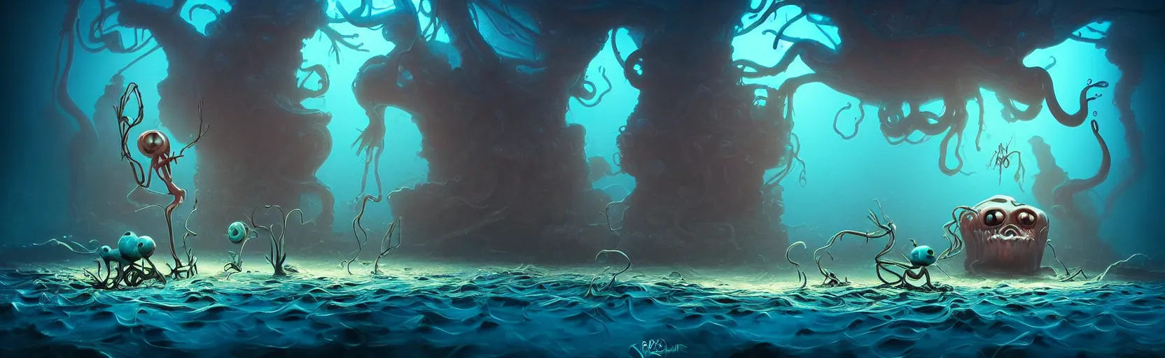 Prompt: wild whimsical watery mutants from the depths of a wasteland deep in the imaginal realm, dramatic lighting, surreal fleischer cartoon characters, shallow dof, surreal painting by ronny khalil