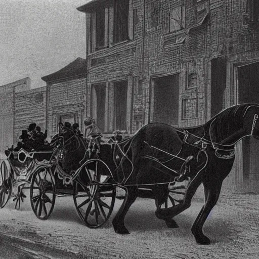 Image similar to a carriage with four horses hitting a black cat in the 1920's, realistic, alley, lovecraft, high detail