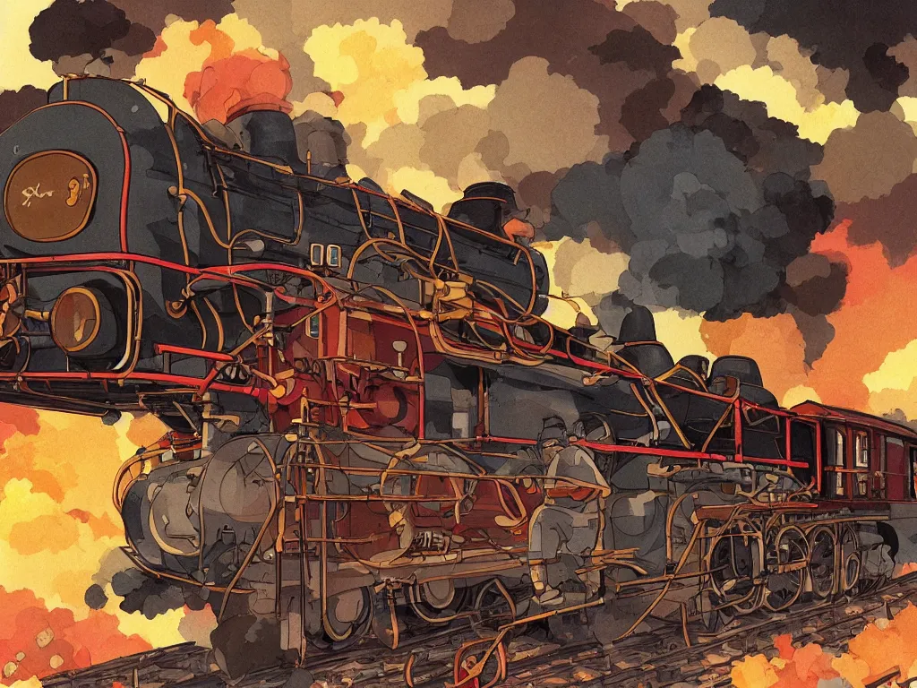 Prompt: cross - section close - up view of a steam anime train, autumn light, colorful, smoke, beautiful, by studio ghibli, digital art, concept art, manga, cute and adorable, illustration