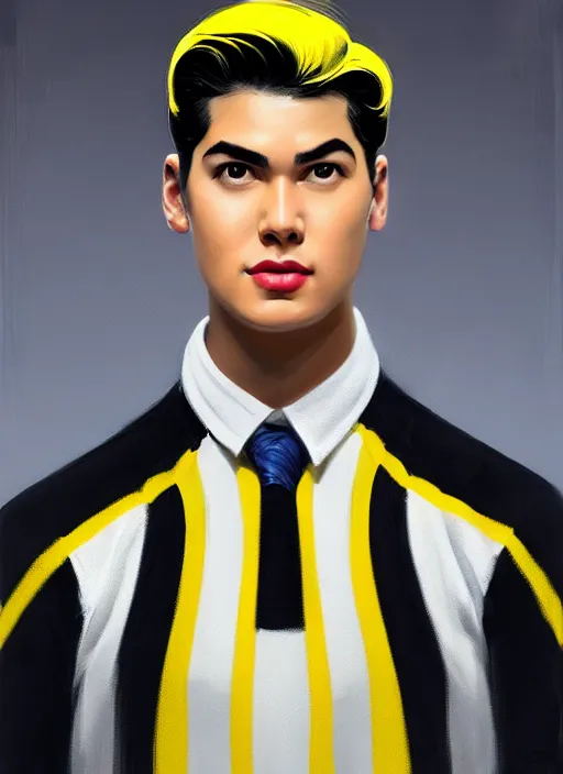 Image similar to portrait of young reggie mantle, mean smirk, egotistical, slicked back hair, striped yellow and black sweater, 1 9 5 0 s, intricate, elegant, glowing lights, highly detailed, digital painting, artstation, concept art, smooth, sharp focus, illustration, art by wlop, mars ravelo and greg rutkowski