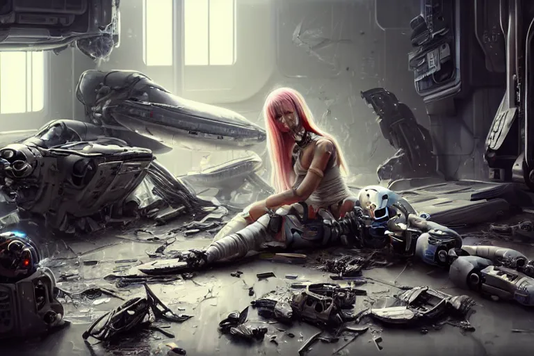 Image similar to Ultra realistic illustration, beautiful alluring damaged combat cyborg sitting on the floor of a crashed spaceship while being put back together in an super advanced military medical bay, discussing with other alluring cyborgs how to handle humans, cyberpunk, sci-fi, fantasy, intricate, elegant, highly detailed, digital painting, artstation, concept art, smooth, sharp focus, illustration, art by artgerm and greg rutkowski and alphonse mucha