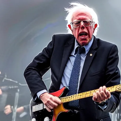 Image similar to bernie sanders as the frontman of an 8 0 s metal band, playing electric guitar