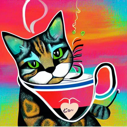 Prompt: colorful album cover art of a cat, drinking a cup of coffee