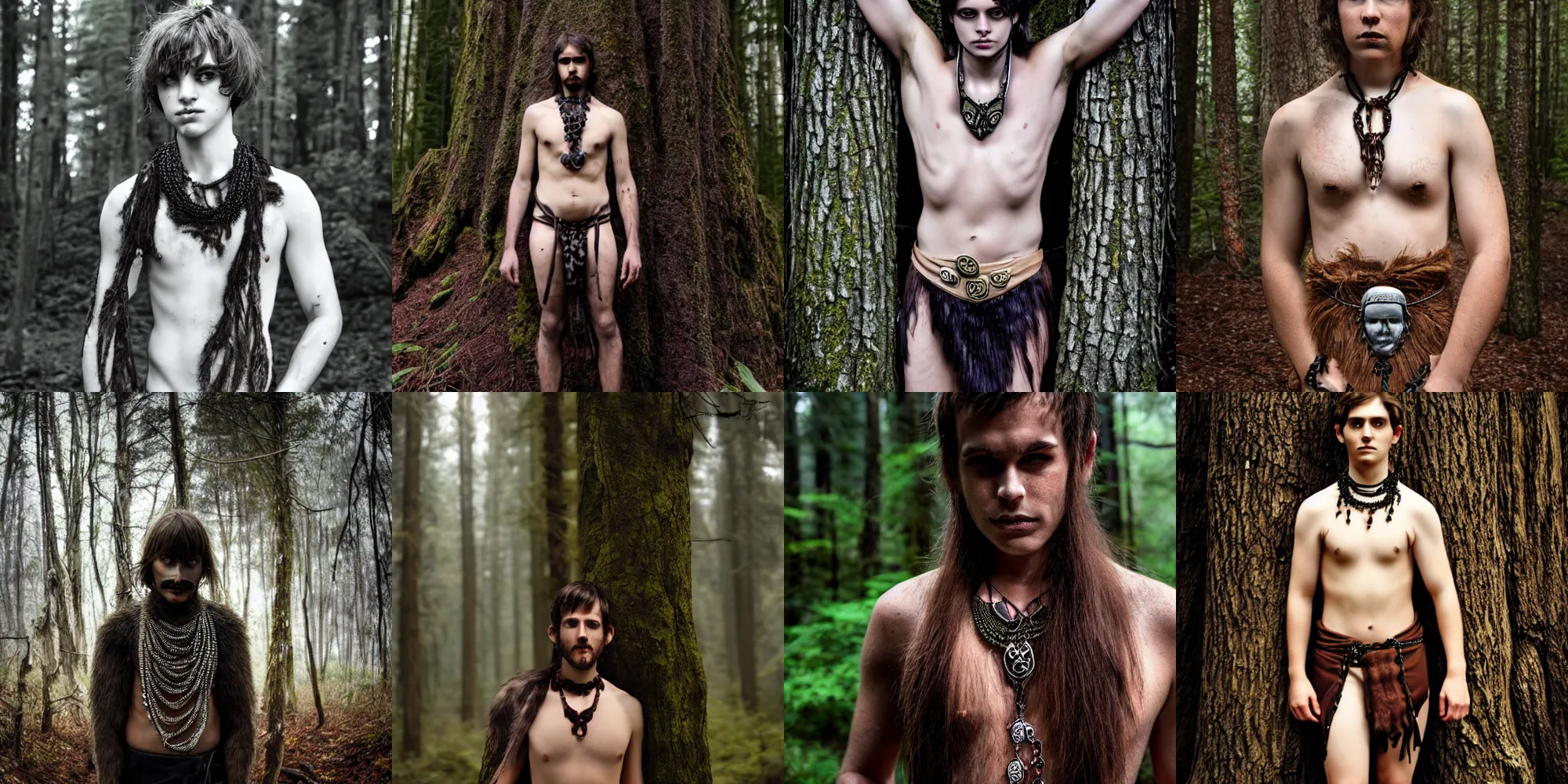 Prompt: award winning photo, loincloth, ominous and eerie forest, necklace, detailed face, 8 k, natural brown hair, teenage boy