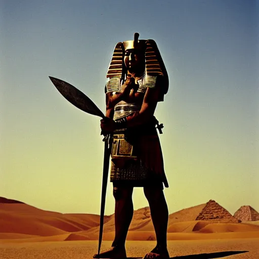 Prompt: egyptian samurai, standing in desert,