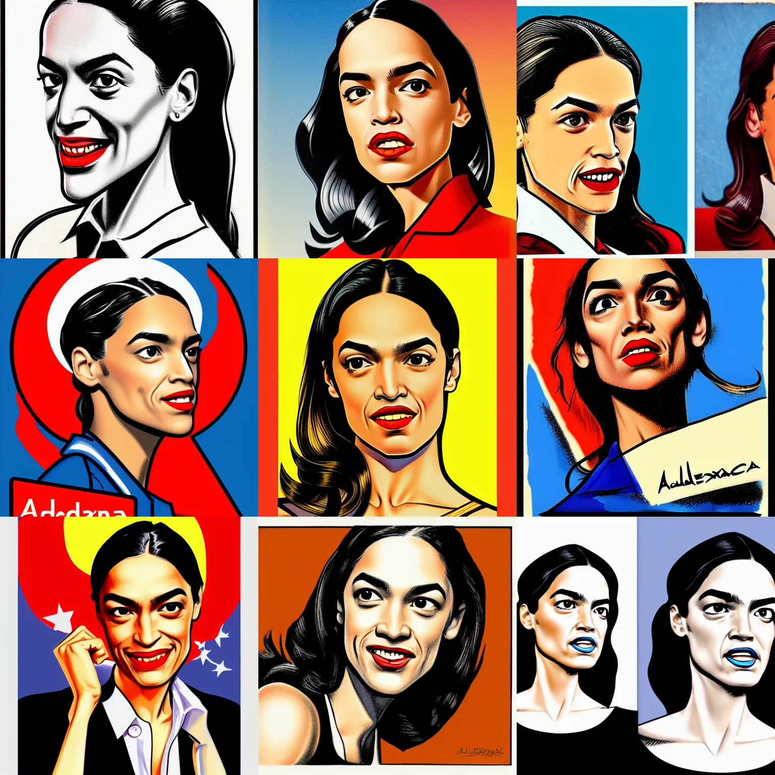 Prompt: alexandria ocasio - cortez done in the art style of reynold brown, vintage art