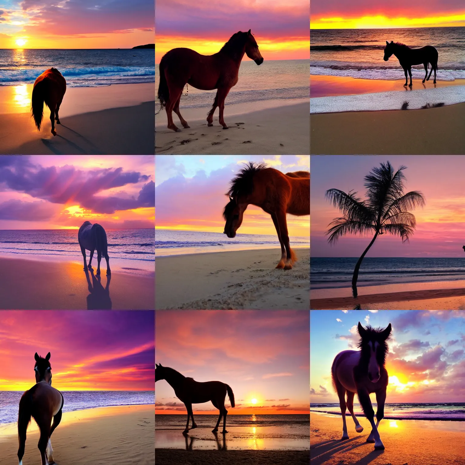 Prompt: A brown humped furry animal with four legs, kinda looks like a horse, long eyelashes walking along a white sand tropical beach at sunset orange and purple sky, sun reflecting off water