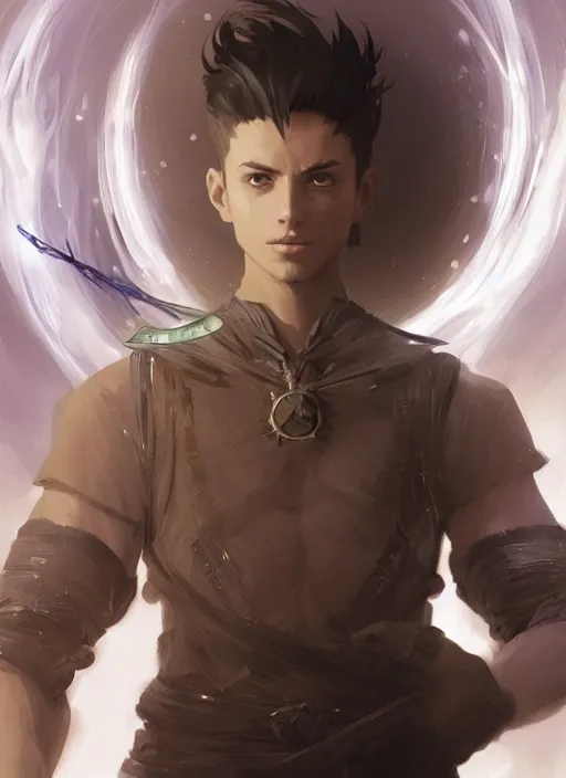 Image similar to character concept portrait of a handsome young wizard with olive skin and buzzed short spiky hairstyle casting a glowing spell with glowing runes, a floating iridescent spell book, intricate, elegant, digital painting, concept art, smooth, sharp focus, illustration, from Metal Gear, by Ruan Jia and Mandy Jurgens and Artgerm and William-Adolphe Bouguereau