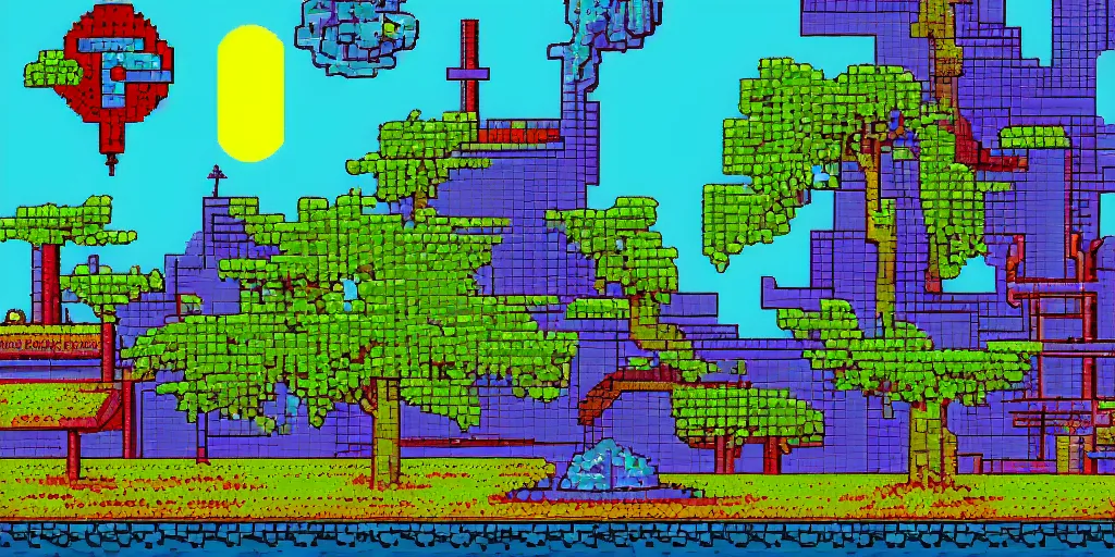 Image similar to An landscape from a horizontal scrolling arcade game theme of the wizards of science fiction 1980s future, pixel art style