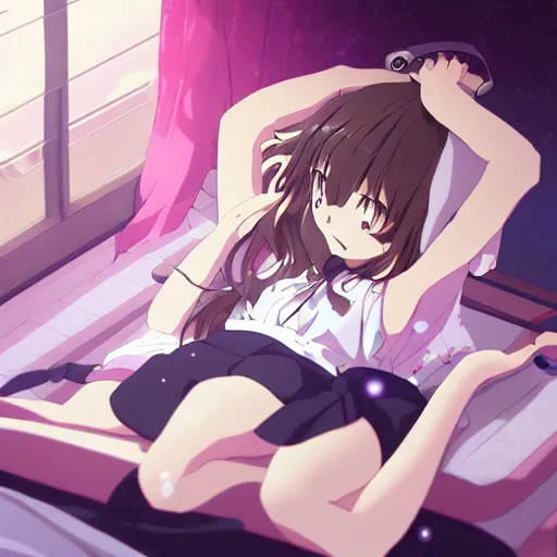 Prompt: girl listening to music at 1 am falling asleep, anime, kyoto animation key visual