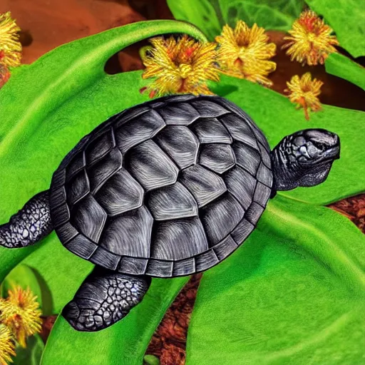 Image similar to highly detailed , photo realistic image , of a turtle , with many types of plant and insect life growing and riding on its shell