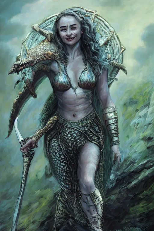 Image similar to A fantasy comic book style portrait painting of, hybrid, Emilia Clarke, Sophie Turner, as an Atlantean, Reptilian Warrior, Mystical Valkyrie, Armor, Sword, Archer Bow, Spear, Sheild, François Boucher, Oil Painting, unreal 5, DAZ, hyperrealistic, octane render, Regal, Refined, Detailed Digital Art, RPG portrait, Michael Cheval, William-Adolphe Bouguereau, Walt Disney (1937), Steampunk, dynamic lighting, Highly Detailed, Cinematic Lighting, Unreal Engine, 8k, HD