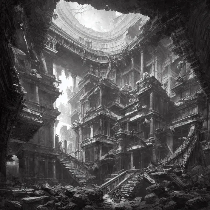 Prompt: piranesi's chamber, magic realism, by piranesi and greg rutkowski, hyper detailed, hd, 8 k