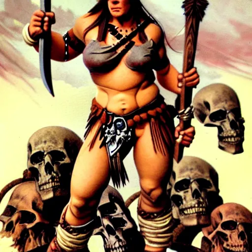 Prompt: female barbarian on a pile of skulls, surrounded by slain orcs, in style of frank frazetta
