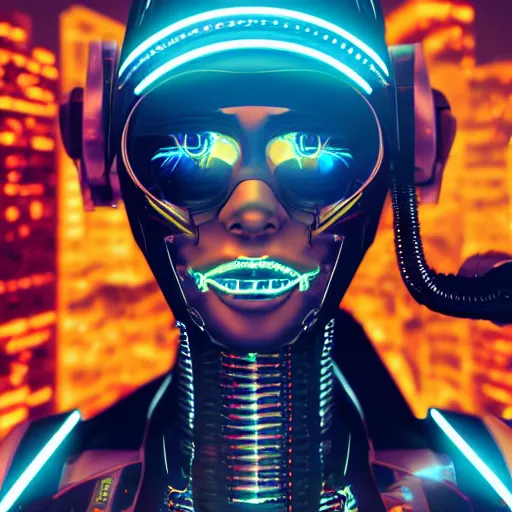 Image similar to detailed portrait cyberpunk robotic cybergirl with witch hat on flying cyberbroom in night city at giant japanese neon label 4 k, digital art