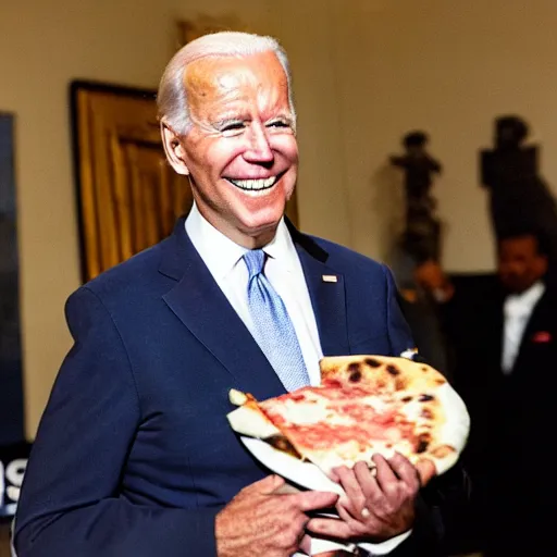 Image similar to joe biden holding a pizza like a newborn baby, award winning candid photography