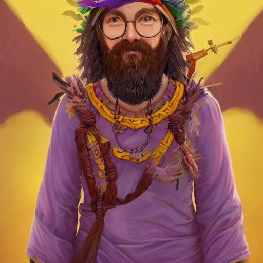 Image similar to A professional digital portrait painting of a hippie D&D druid, painted by Wes Anderson, painted by Hayao Miyazaki, dressed in light armor, 4k, digital art, trending on cgsociety, highly detailed, head and shoulders shot, shallow depth of field, purple and yellow lighting, professional lighting, airbrush,