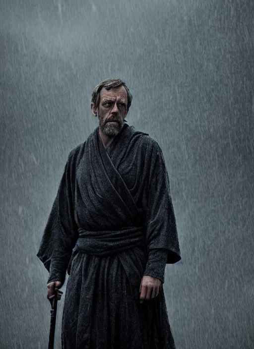 Image similar to hugh laurie as obi vam kenobi, long sleeve, confident, fog, rain, volumetric lighting, sharp focus, ultra detailed, cgsociety by leesha hannigan, ross tran, thierry doizon, kai carpenter, ignacio fernandez rios, noir art house,