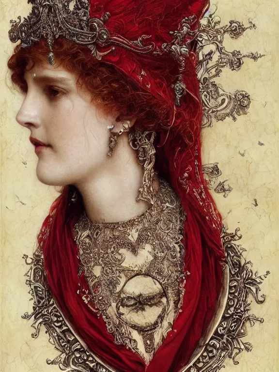 Image similar to a beautiful render of a catholic veiled red queen with symmetry intricate detailed ,heart sculpture,by Lawrence Alma-Tadema,aaron horkey,Billelis,trending on pinterest,hyperreal,jewelry,gold,intricate,maximalist,glittering,golden ratio,cinematic lighting