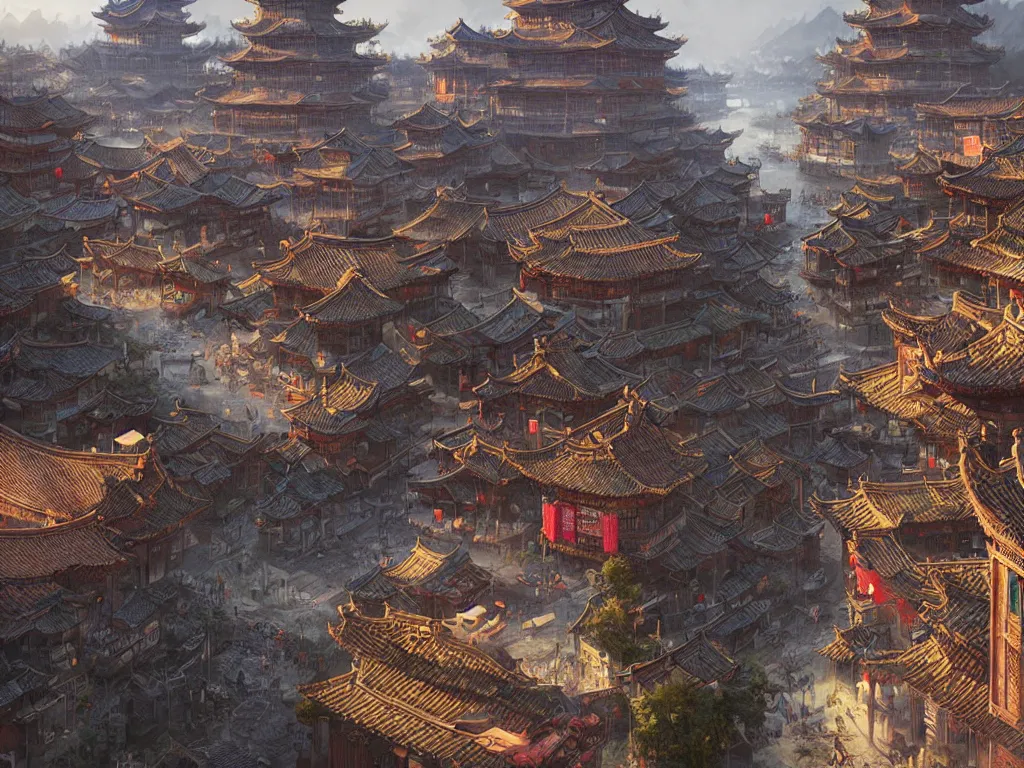 Prompt: ancient chinese city viewed from harbor, d & d digital painting, ultra realistic, beautiful, volumetric lighting, warm colors advance, cell shading, by james jean, greg rutkowski, yoann lossell, raphael lacoste