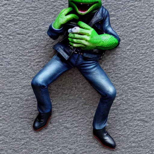 Image similar to perfectly accurate miniature figure of pepe the frog wearing jeans and a black leather jacket, soft textures, skin texture, clothing, 3d sculpture, textured, fine detail, lifelike, photo, high resolution, octane render, post processing, after effects, trending on artstation