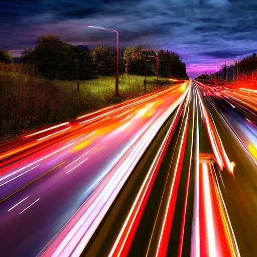 Prompt: a stunning aesthetic wallpaper of a highway full of traffic with a train track and bus lane, photograph, 8 k, motion blur, soft focus, cinematic lighting, trending on flicker.