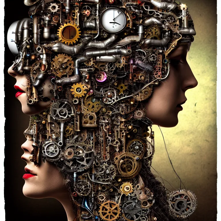 Image similar to profile portrait of a woman, computer parts, mechanical parts, by giuseppe arcimboldo, steampunk, cyberpunk, futuristic, psychedelic, surreal, sci - fi, vaporwave, alien, dreamlike.