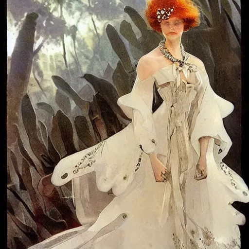 Image similar to A beautiful digital art. She coalesces into a tall woman in a white dress, diamonds around her neck, hair carefully arranged in auburn waves, young and old at the same time. origami by Don Maitz, by Anders Zorn ornate