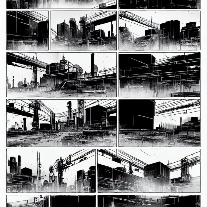 Prompt: a big modern box / booth stands next to a coal mine. storyboard, scifi cyberpunk. by gabriel hardman, joe alves, chris bonura. cinematic atmosphere, detailed and intricate, perfect anatomy