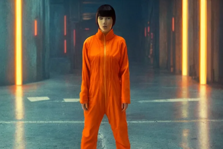 Image similar to a still from the film bladerunner 2 0 4 9 depicting haruka abe wearing an orange prison jumpsuit. behind her a gigantic holographic face can be seen. sci fi, futuristic,