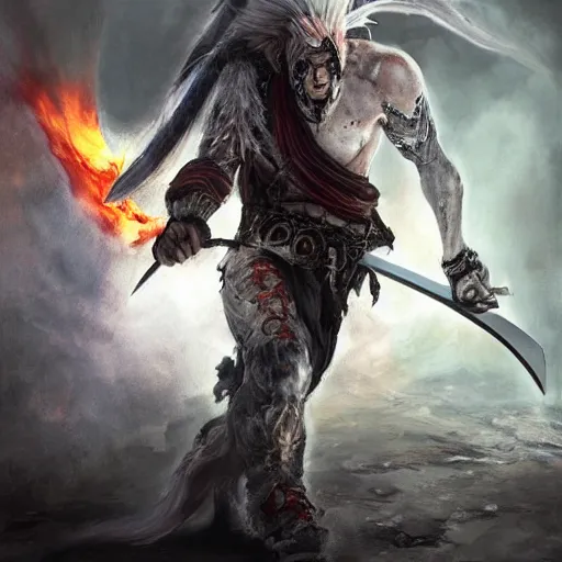 Prompt: Lionman with white hair walking away from a burning city, full body art, wielding a longsword with blue gemstones lining the blade, Painted By Aleksi Briclot, Dim Lighting
