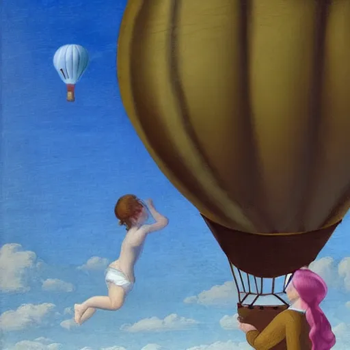 Image similar to a girl and her horse enjoy a hot-air balloon show by Raphael, Hopper, and Rene Magritte. detailed, romantic, enchanting, trending on artstation.