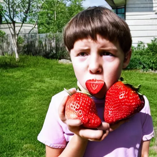 Prompt: kid with flat face eat huge strawberries in the postsoviet suburbia