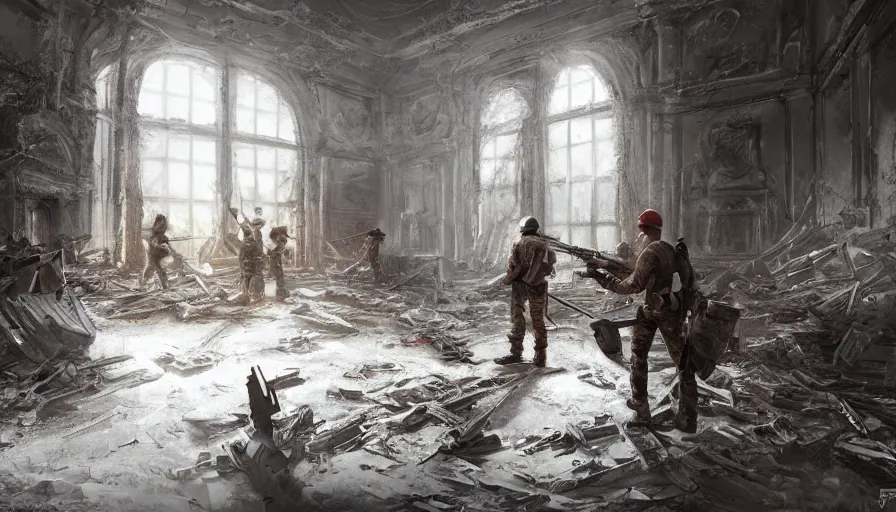 Prompt: lumberjack and soldiers with shotgun and rifles exploring destroyed white house, cloudy day, light through windows, hyperdetailed, artstation, cgsociety, 8 k