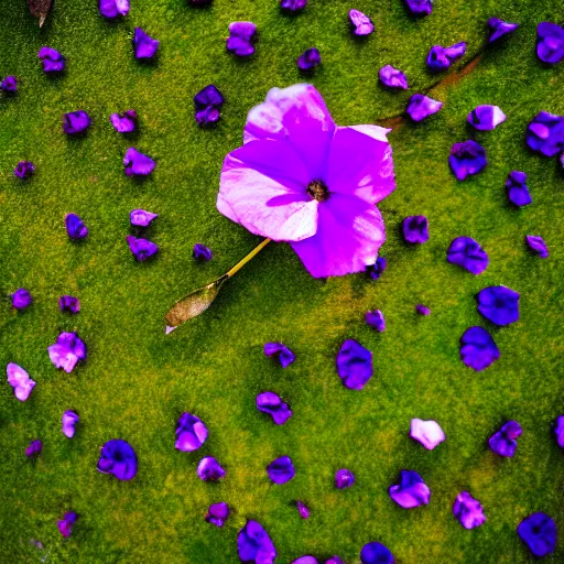 Prompt: closeup photo of purple flower petal flying above a summer city, aerial view, shallow depth of field, cinematic, 8 0 mm, f 1. 8