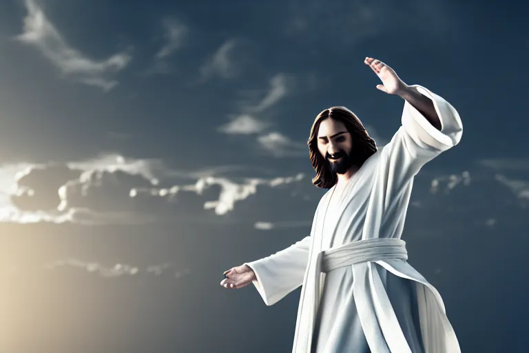 Image similar to jesus christ wearing a white robe strikes a dance pose in the apocalypse, intricate, hyper detailed, accent lighting, dramatic light, 4 k octane render