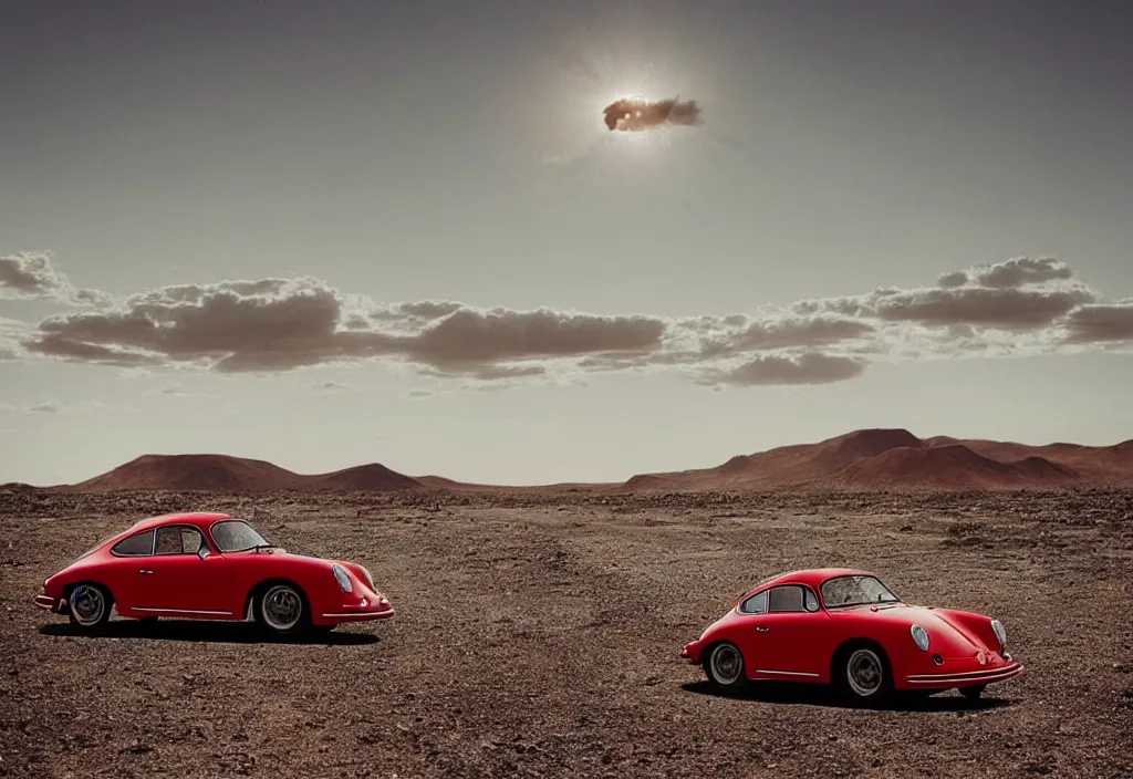 Prompt: “a single red porsche 356 is parked in the middle of the desert, a matte painting by Scarlett Hooft Graafland, featured on unsplash, australian tonalism, anamorphic lens flare, cinematic lighting, rendered in unreal engine”