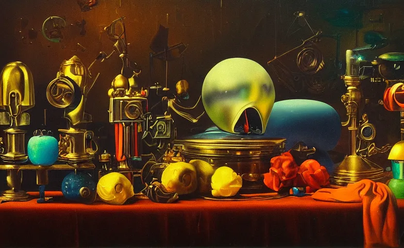 Prompt: disturbing colorful oil painting dark background dutch golden age vanitas still life futuristic sci fi beautiful composition with shiny smooth objects strange lights shiny metal reflections moody lights rachel ruysch dali todd schorr very detailed perfect composition rule of thirds masterpiece canon 5 0 mm, cinematic lighting, photography, retro, film, kodachrome