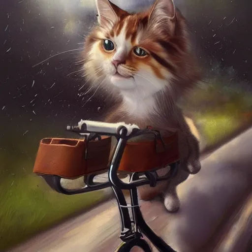 Image similar to head and shoulders masterpiece portrait of cute cat riding a bicycle, surreal background, digital art by Krenz Cushart, trending on artstation