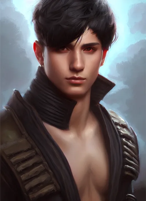 Image similar to a _ fantasy _ style _ portrait _ painting _ of young adult male, very short black fringe hair, round face, rpg dnd oil _ painting _ unreal _ 5 _ daz. _ rpg _ portrait _ extremely _ detailed _ artgerm _ greg _ rutkowski _ greg