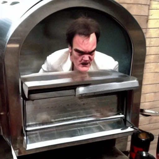 Image similar to quentin tarantino trapped inside a pizza oven