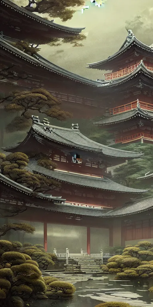 Image similar to japanese style palace under attack, hyper realistic, lush gnarly plants, 8 k, denoised, by greg rutkowski, tom bagshaw, james gurney cozy atmospheric and cinematic lightingg